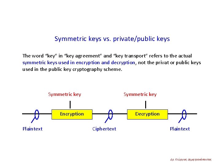 Symmetric keys vs. private/public keys The word “key” in “key agreement” and “key transport”