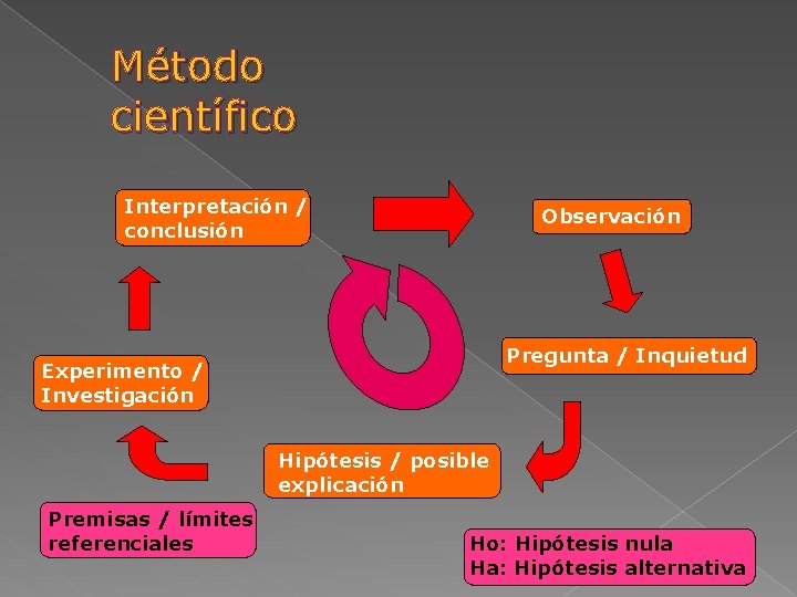 Método científico Interpretación / conclusión Observación Pregunta / Inquietud Experimento / Investigación Hipótesis /