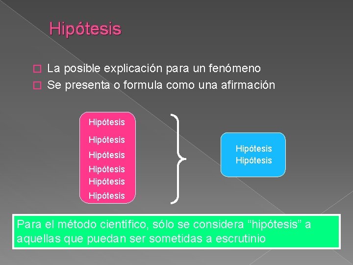 Hipótesis La posible explicación para un fenómeno � Se presenta o formula como una