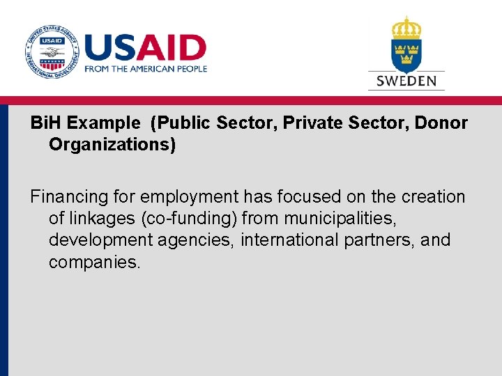 Bi. H Example (Public Sector, Private Sector, Donor Organizations) Financing for employment has focused