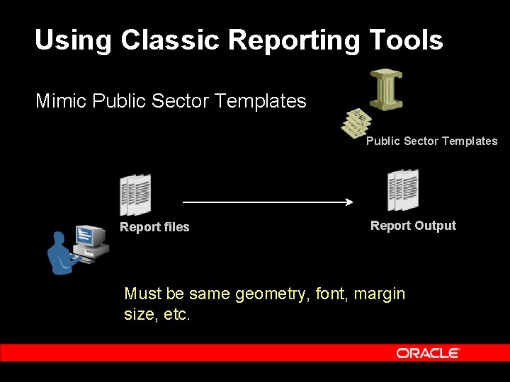 Using Classic Reporting Tools Mimic Public Sector Templates Report files Report Output Must be