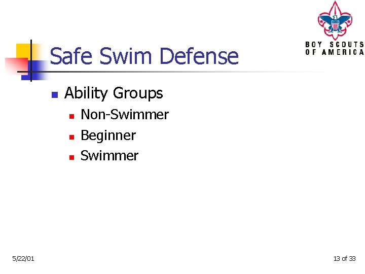 Safe Swim Defense n Ability Groups n n n 5/22/01 Non-Swimmer Beginner Swimmer 13