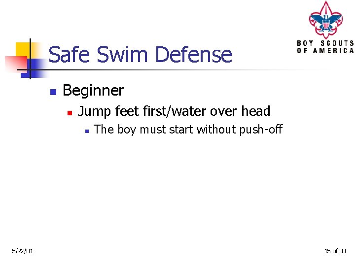 Safe Swim Defense n Beginner n Jump feet first/water over head n 5/22/01 The