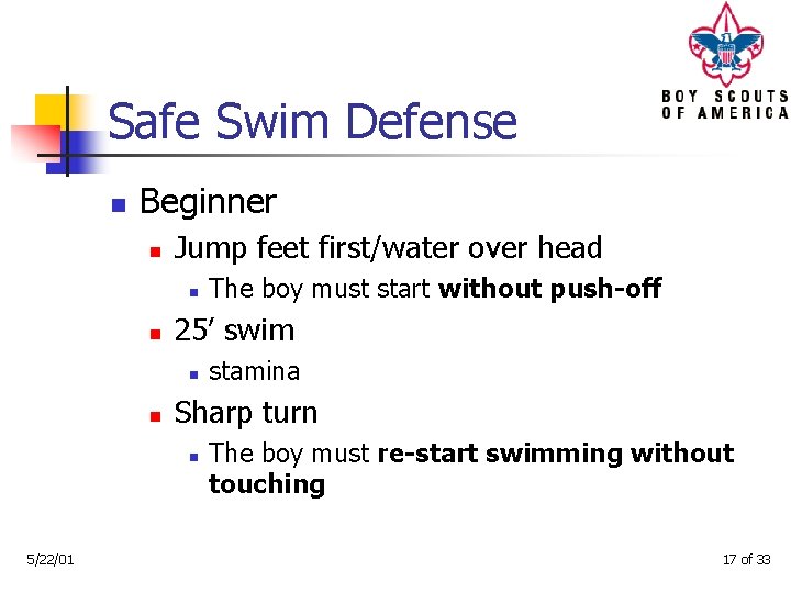 Safe Swim Defense n Beginner n Jump feet first/water over head n n 25’