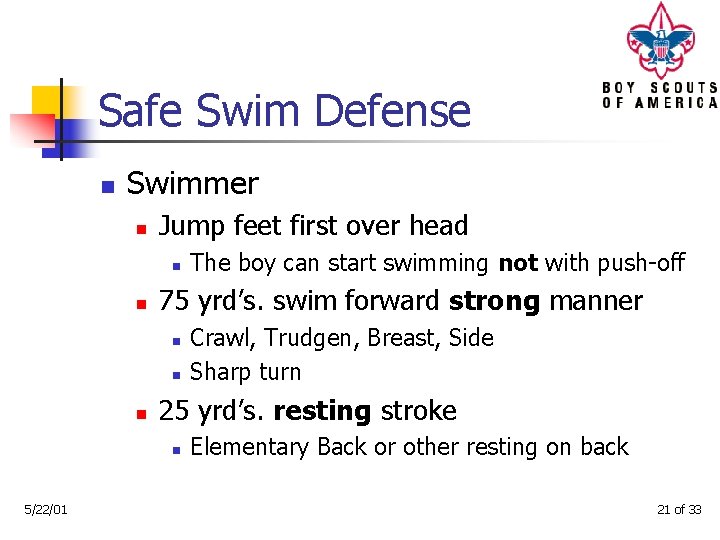 Safe Swim Defense n Swimmer n Jump feet first over head n n 75