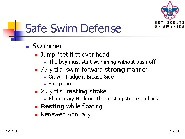 Safe Swim Defense n Swimmer n Jump feet first over head n n 75