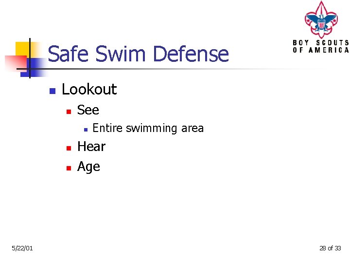 Safe Swim Defense n Lookout n See n n n 5/22/01 Entire swimming area