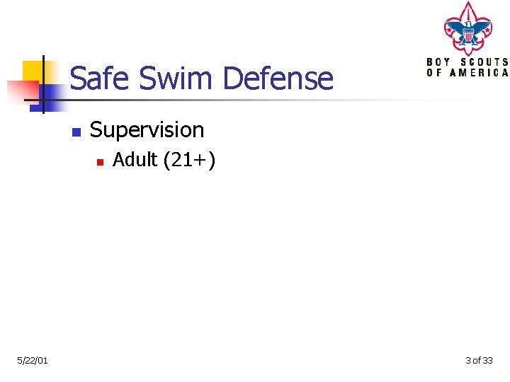 Safe Swim Defense n Supervision n 5/22/01 Adult (21+) 3 of 33 