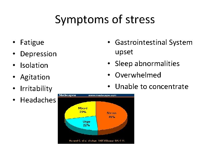 Symptoms of stress • • • Fatigue Depression Isolation Agitation Irritability Headaches • Gastrointestinal