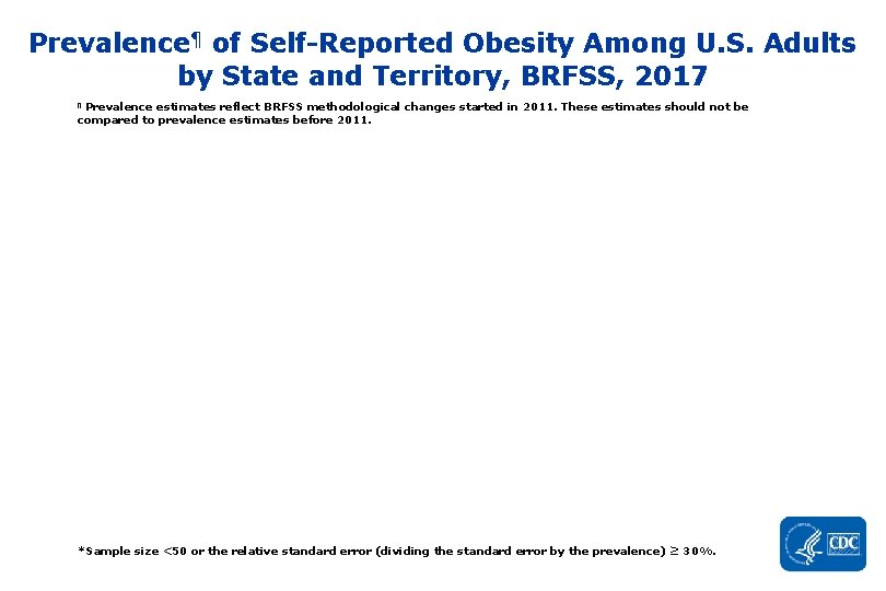 Prevalence¶ of Self-Reported Obesity Among U. S. Adults by State and Territory, BRFSS, 2017