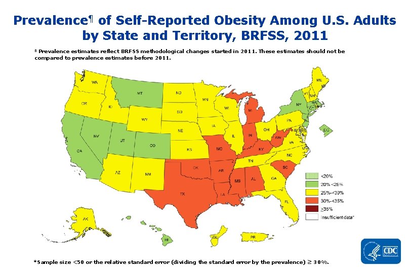 Prevalence¶ of Self-Reported Obesity Among U. S. Adults by State and Territory, BRFSS, 2011