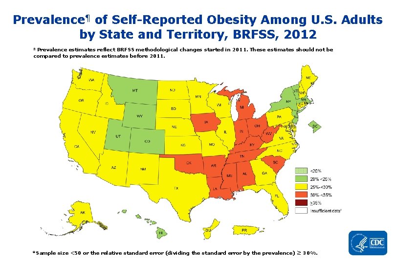 Prevalence¶ of Self-Reported Obesity Among U. S. Adults by State and Territory, BRFSS, 2012