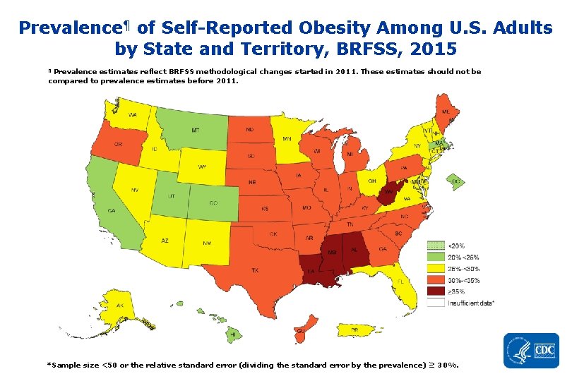 Prevalence¶ of Self-Reported Obesity Among U. S. Adults by State and Territory, BRFSS, 2015