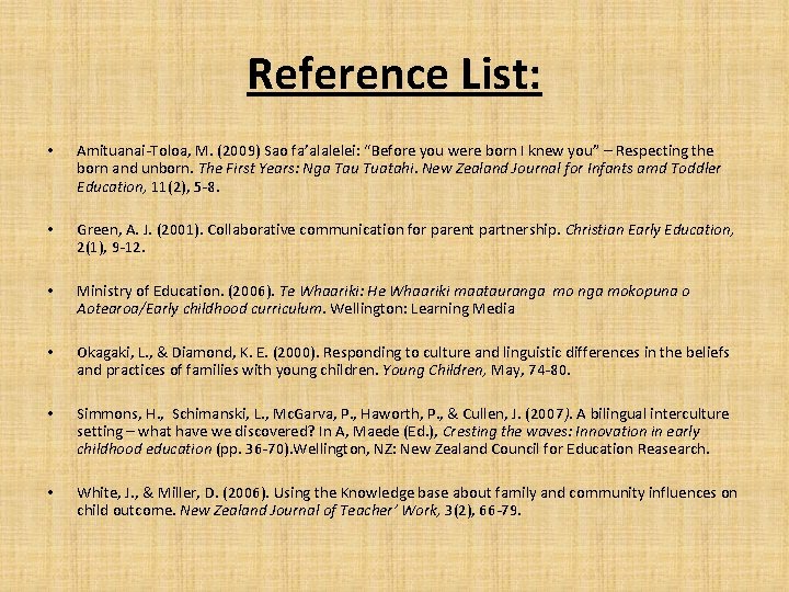 Reference List: • Amituanai-Toloa, M. (2009) Sao fa’alalelei: “Before you were born I knew