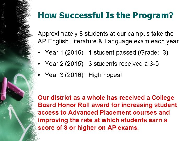 How Successful Is the Program? Approximately 8 students at our campus take the AP