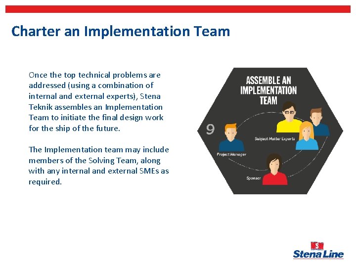 Charter an Implementation Team Once the top technical problems are addressed (using a combination