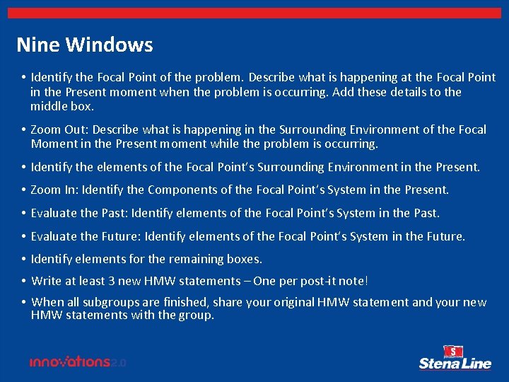 Nine Windows • Identify the Focal Point of the problem. Describe what is happening