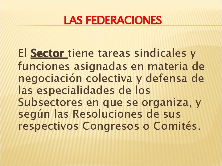 LAS FEDERACIONES El Sector tiene tareas sindicales y funciones asignadas en materia de negociación