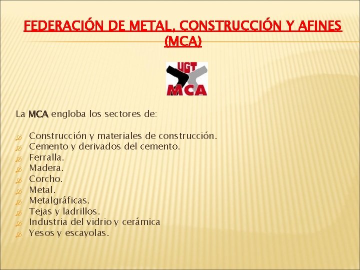 FEDERACIÓN DE METAL, CONSTRUCCIÓN Y AFINES (MCA) La MCA engloba los sectores de: Construcción
