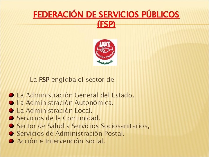 FEDERACIÓN DE SERVICIOS PÚBLICOS (FSP) La FSP engloba el sector de: La Administración General