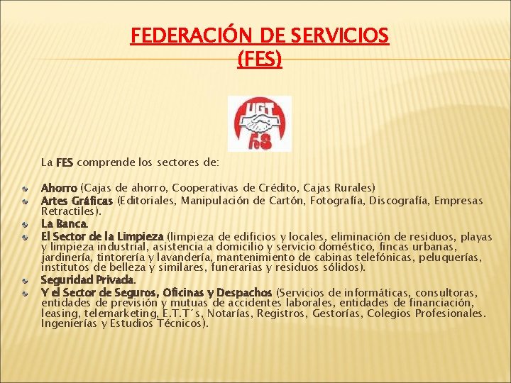 FEDERACIÓN DE SERVICIOS (FES) La FES comprende los sectores de: Ahorro (Cajas de ahorro,