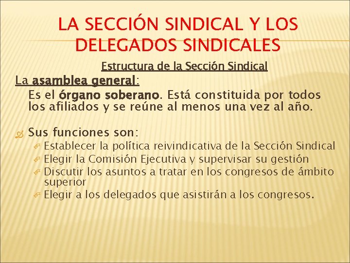 LA SECCIÓN SINDICAL Y LOS DELEGADOS SINDICALES Estructura de la Sección Sindical La asamblea