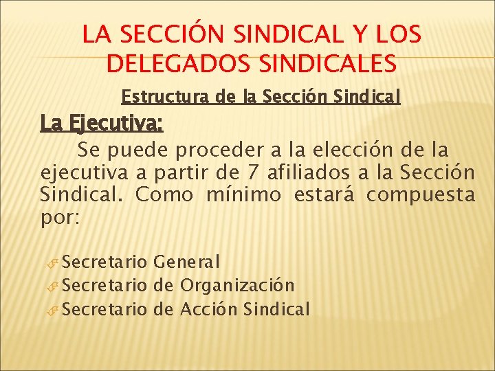 LA SECCIÓN SINDICAL Y LOS DELEGADOS SINDICALES Estructura de la Sección Sindical La Ejecutiva: