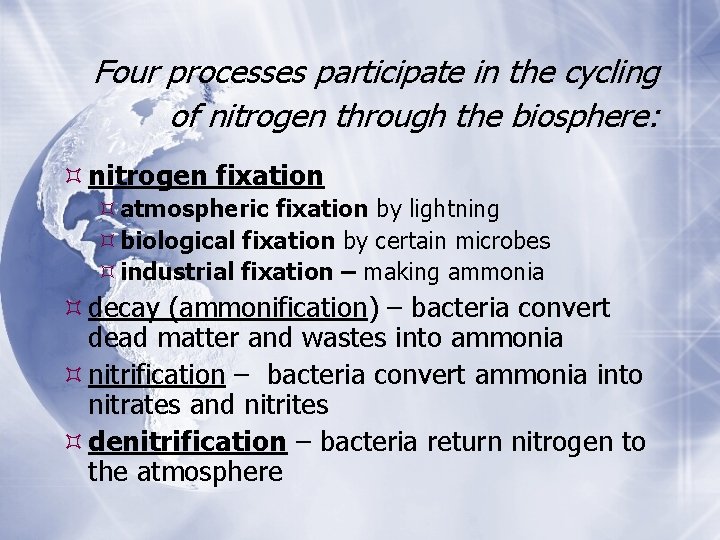 Four processes participate in the cycling of nitrogen through the biosphere: nitrogen fixation atmospheric