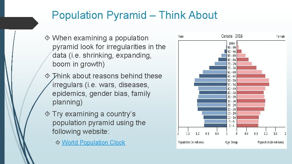 Population Pyramid – Think About When examining a population pyramid look for irregularities in