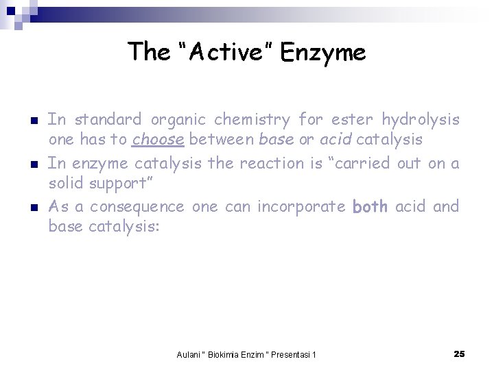 The “Active” Enzyme n n n In standard organic chemistry for ester hydrolysis one