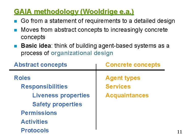 GAIA methodology (Wooldrige e. a. ) n n n Go from a statement of