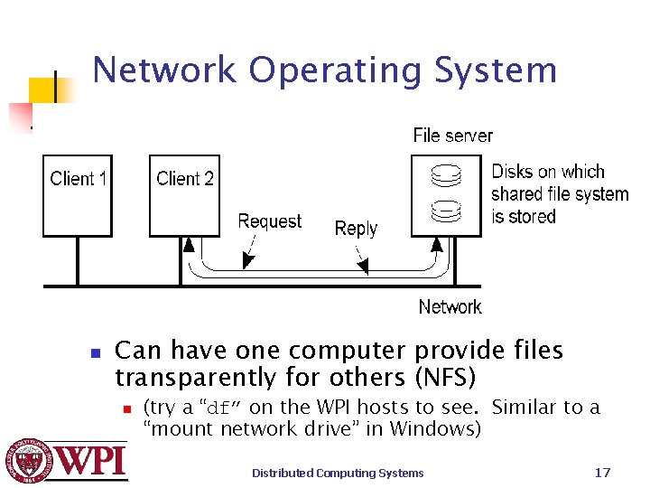Network Operating System n Can have one computer provide files transparently for others (NFS)