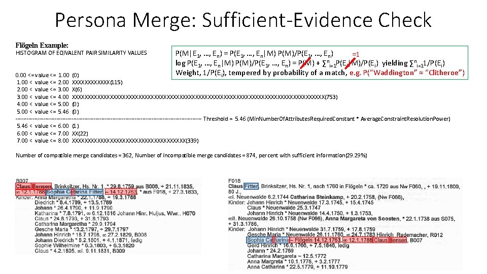 Persona Merge: Sufficient-Evidence Check Flögeln Example: HISTOGRAM OF EQIVALENT PAIR SIMILARITY VALUES P(M|E 1,