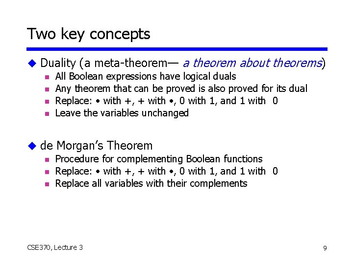 Two key concepts u Duality (a meta-theorem— a theorem about theorems) n All Boolean