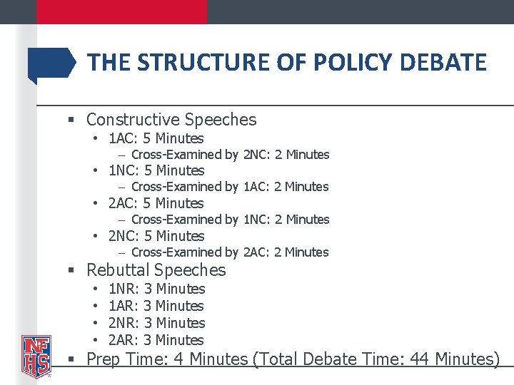 THE STRUCTURE OF POLICY DEBATE § Constructive Speeches • 1 AC: 5 Minutes –