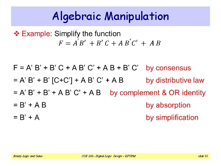Algebraic Manipulation v Binary Logic and Gates COE 202– Digital Logic Design – KFUPM