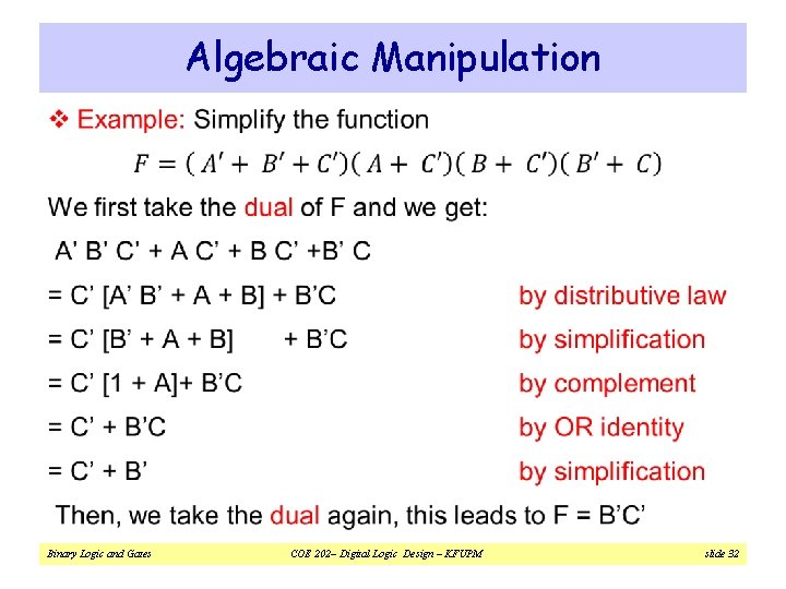 Algebraic Manipulation v Binary Logic and Gates COE 202– Digital Logic Design – KFUPM