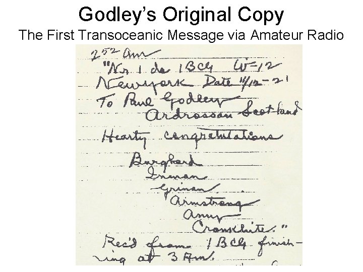 Godley’s Original Copy The First Transoceanic Message via Amateur Radio 