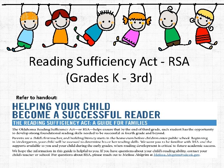 Reading Sufficiency Act - RSA (Grades K - 3 rd) Refer to handout: 