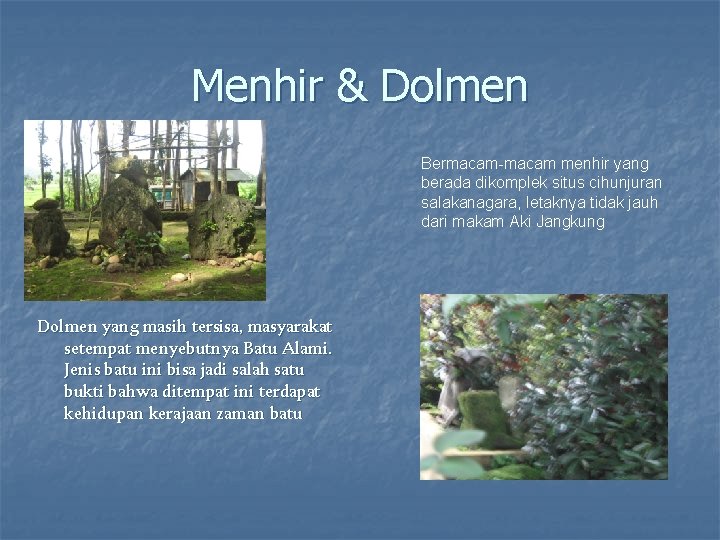 Menhir & Dolmen Bermacam-macam menhir yang berada dikomplek situs cihunjuran salakanagara, letaknya tidak jauh