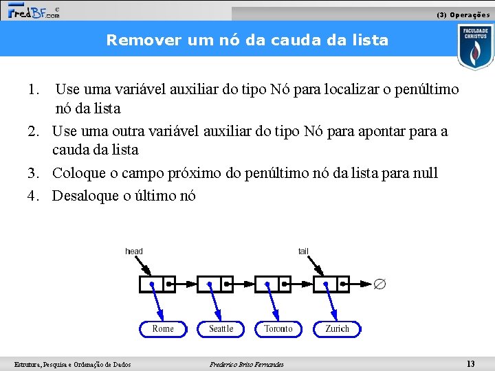 (3) Operações Remover um nó da cauda da lista 1. Use uma variável auxiliar