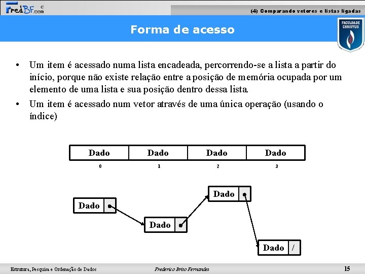 (4) Comparando vetores e listas ligadas Forma de acesso • Um item é acessado