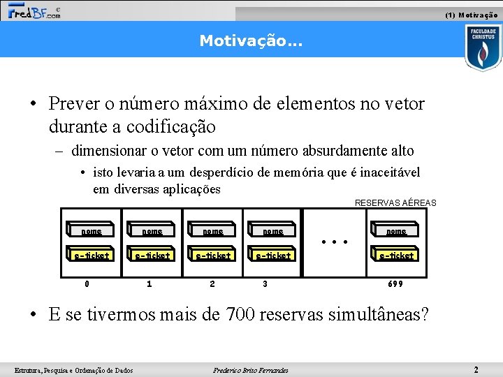 (1) Motivação. . . • Prever o número máximo de elementos no vetor durante