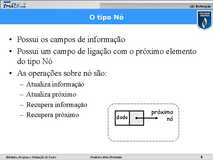 (2) Definição O tipo Nó • Possui os campos de informação • Possui um