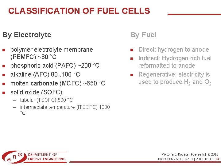 CLASSIFICATION OF FUEL CELLS By Electrolyte polymer electrolyte membrane (PEMFC) ~80 °C phosphoric acid