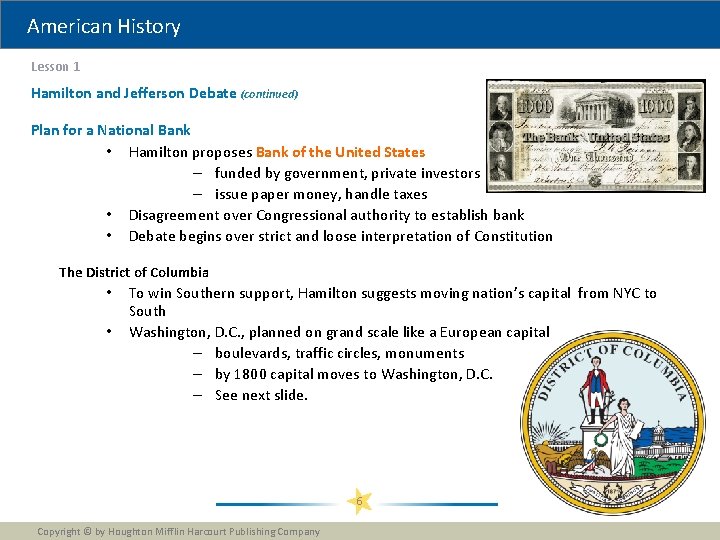 American History Lesson 1 Hamilton and Jefferson Debate (continued) Plan for a National Bank