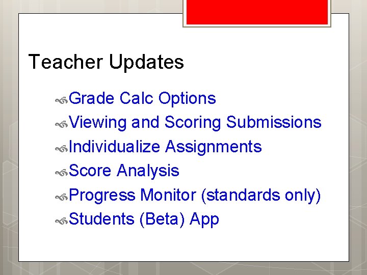 Teacher Updates Grade Calc Options Viewing and Scoring Submissions Individualize Assignments Score Analysis Progress