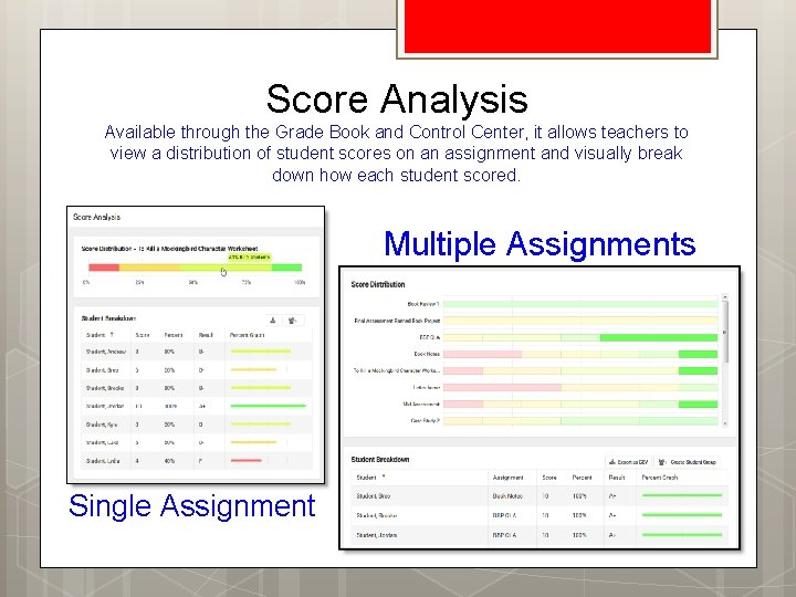 Score Analysis Available through the Grade Book and Control Center, it allows teachers to