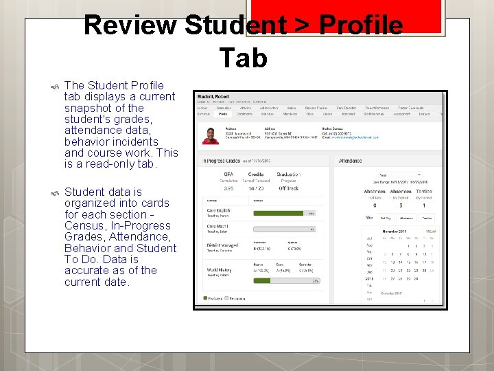 Review Student > Profile Tab The Student Profile tab displays a current snapshot of