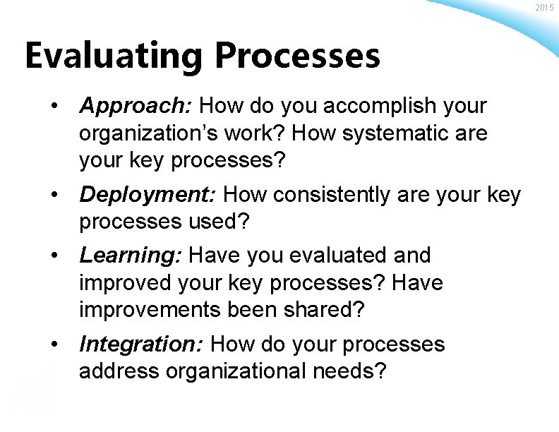 2015 Evaluating Processes • Approach: How do you accomplish your organization’s work? How systematic